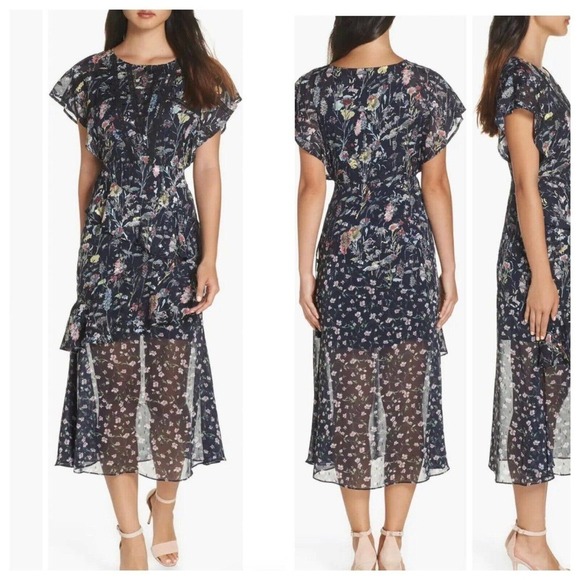 Foxiedoxie Carolina Floral Midi Dress Size 4 Ruffled Lace Panels - Picture 1 of 7
